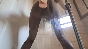 Exploring Pleasure: Dildo Fucking My Dark Desi Pussy Against The Shower Door