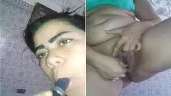 Desi Teen Licks Lipstick and Fucks Own Twat On Camera in Green Bra - XXX Video