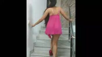 This Horny Tall Desi Bitch Strip and Tease on the Stairs!