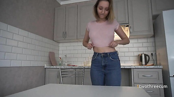 Gorgeous Housewife Gets Pounded Hard on Kitchen Table, Moaning Loudly.