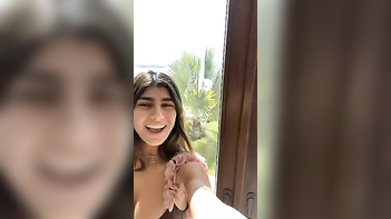 Busty Babe Mia Kalifa Gags on Thick Cock and Takes a Facial Like a Pro.